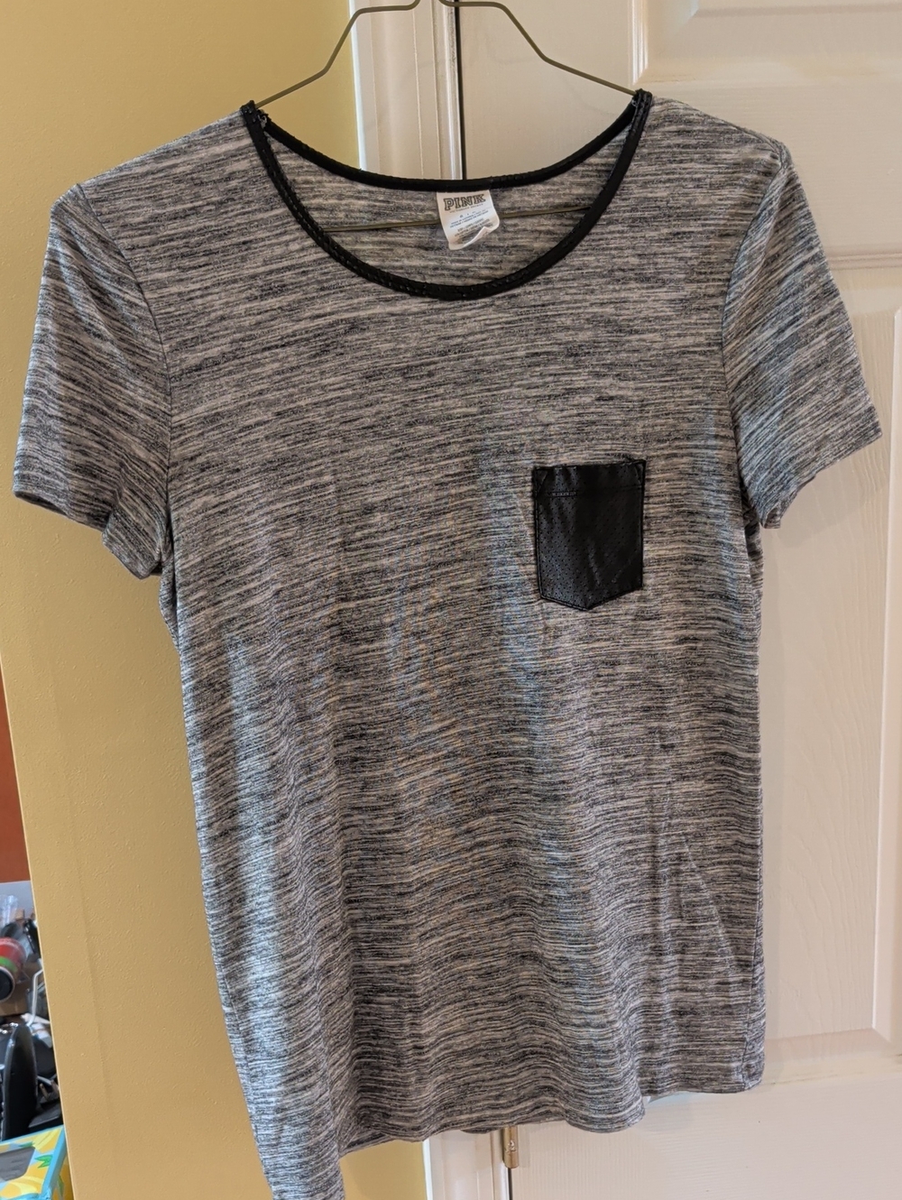 PINK Victoria's Secret Heathered Gray Tee with Black Pocket Trim